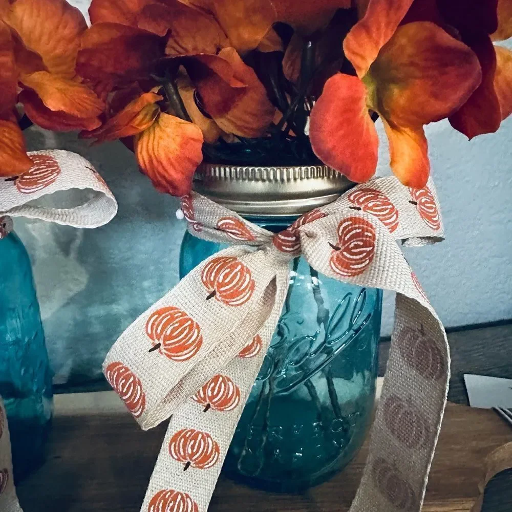 Fall Farmhouse Blue Mason Jar Floral Hydrangea Arrangement Centerpiece Board
